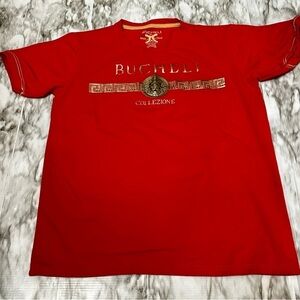 Bucheli Red Gold Soft Fitted Tee Greek Key Graphic Lion Insignia Moda Italian